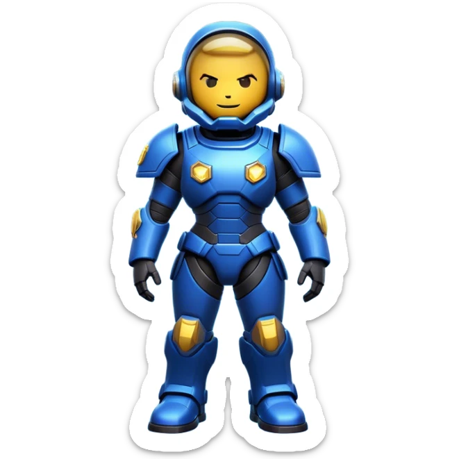 Clash of Clans aesthetic: Cinematic Playful Terran Marine Hero Emoji, rendered in a 3D vector-style similar to standard emojis with minimal shading and bold, simplified shapes. A compact, heroic isometric figure clad in futuristic power armor with signature energy accents, softly glowing with a cosmic battle charm. Simplified yet unmistakably iconic, highly detailed and consistent, glowing with a soft radiant shine and high gloss. Stylized with a touch of interstellar valor and a soft glowing outline, capturing the essence of an elite space warrior with a friendly, playful manner! sticker