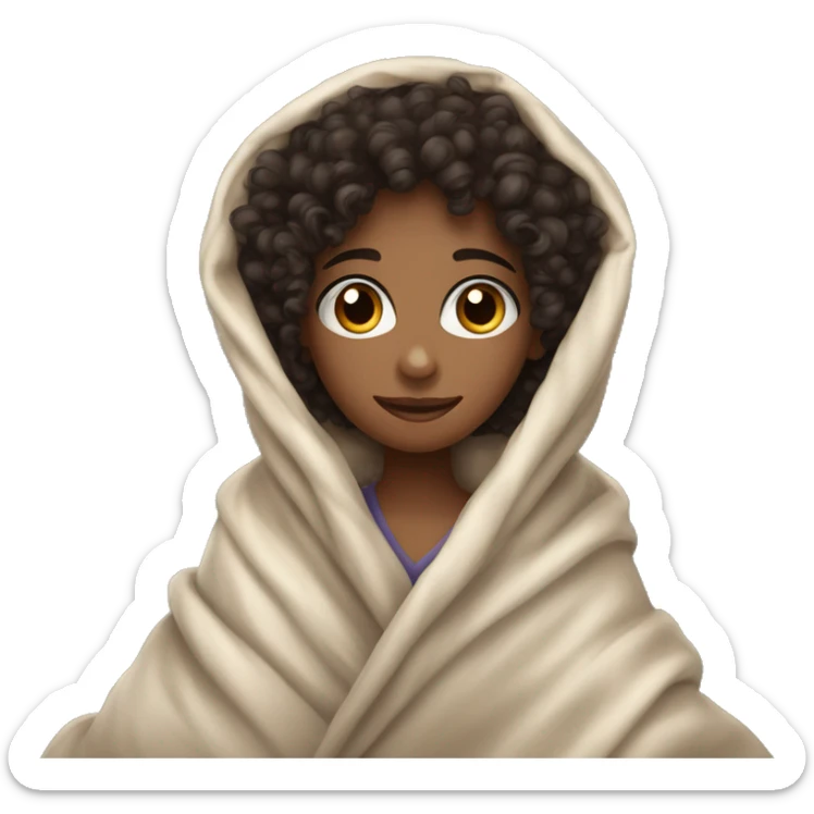 A curly-haired girl with dark hair is sitting wrapped in a blanket sticker