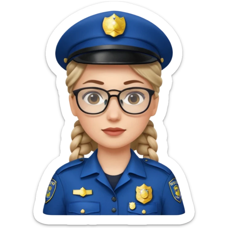 white woman, braided hair, wear police's uniform and glasses sticker