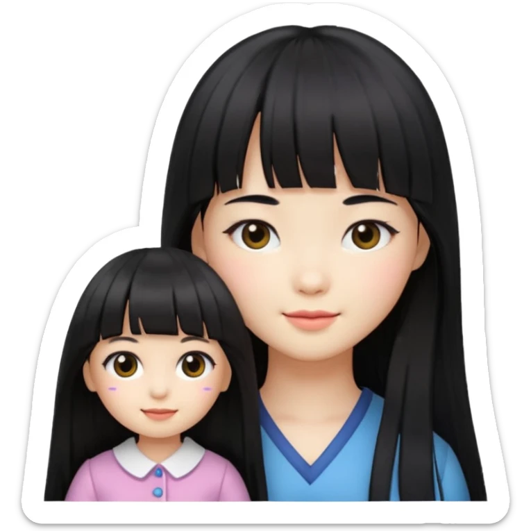 girl with long black hair, Korean style bangs, doll emoji style, subtle smile sticker