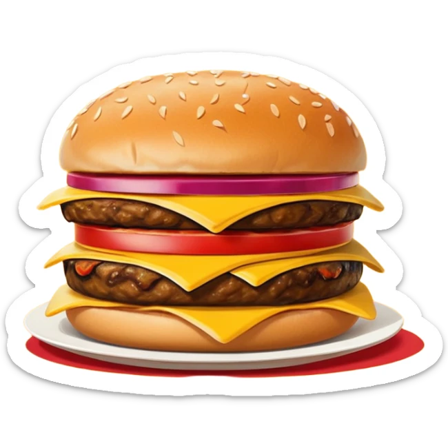 A clean and simple icon of fast food in emoji-style illustration. A burger with fries, naggets and shaverma, bright and bold colors, simple shapes, flat design, high contrast, inviting and appetizing. sticker