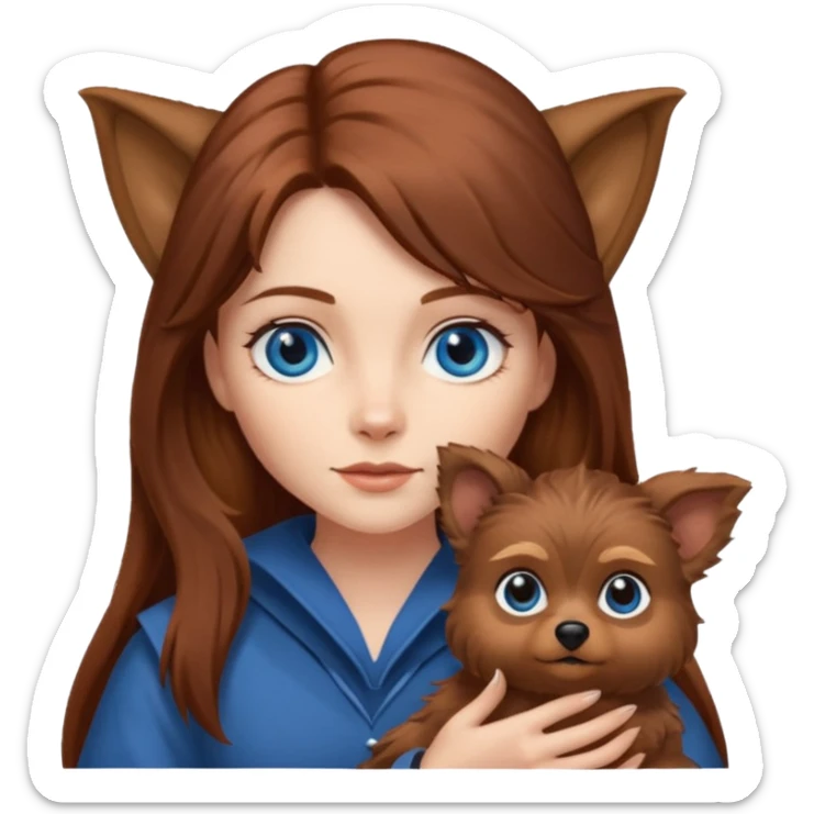 long hair chestnut color blue eyes woman holding small pointy ear ewok dog sticker