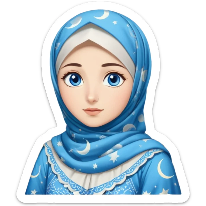 Turkish beautiful finish Konya girl blue eyes with moon patterned hijab dress and watching the moonlight sky on the ground  sticker