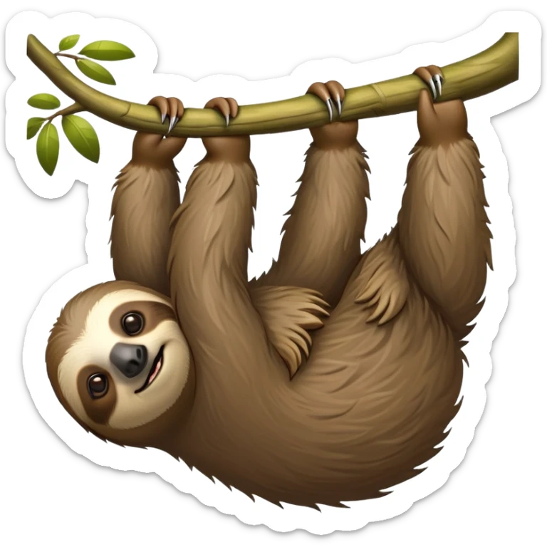 cinematic-sloth-realistic-full-body-hanging-emoji,-long-curved-claws-clinging-to-a-tree,-thick-shaggy-brown-fur-slightly-ruffled,-head-tilted-dramatically,-slow-blinking-eyes-filled-with-serene-wisdom,-simplified-yet-realistic-focused-features,-highly-detailed,-glowing-with-an-almost-sarcastic-glow sticker