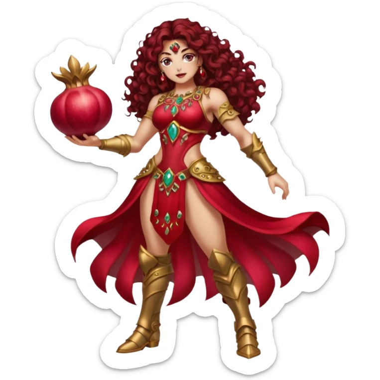 full body woman long curly brown hair brown eyes white skin tattoos muscular build pomegranate empress armor split open jewel seeds glow sticker
