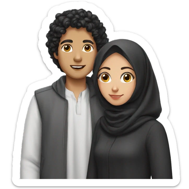 European Young boy with curly black hairs with her wife wear a hijab  sticker
