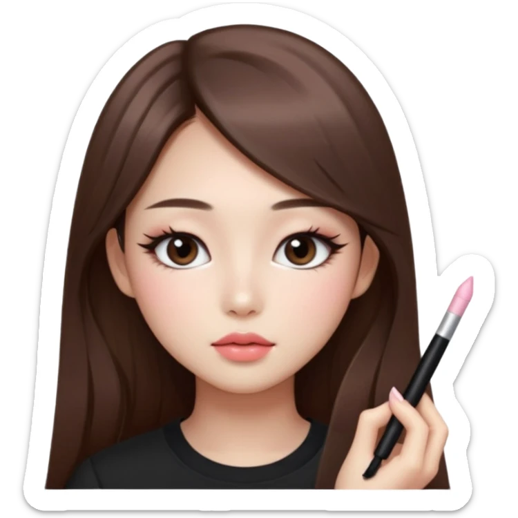 “korean straight long brown hair Emoji girl, soft eyeliner and blush, gradient lips, light brown shimmer eyeshadow sticker