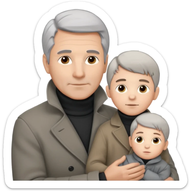 A father with silver-grey hair styled neatly and a clean-shaven face, wearing a dark turtleneck and wool coat, holding his child gently. The child has light brown hair and a soft white jacket. Warm cinematic lighting, emotional close-up. sticker