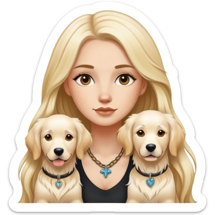 a  white girl with long hair with tattoo with 2 white golden retriever  sticker