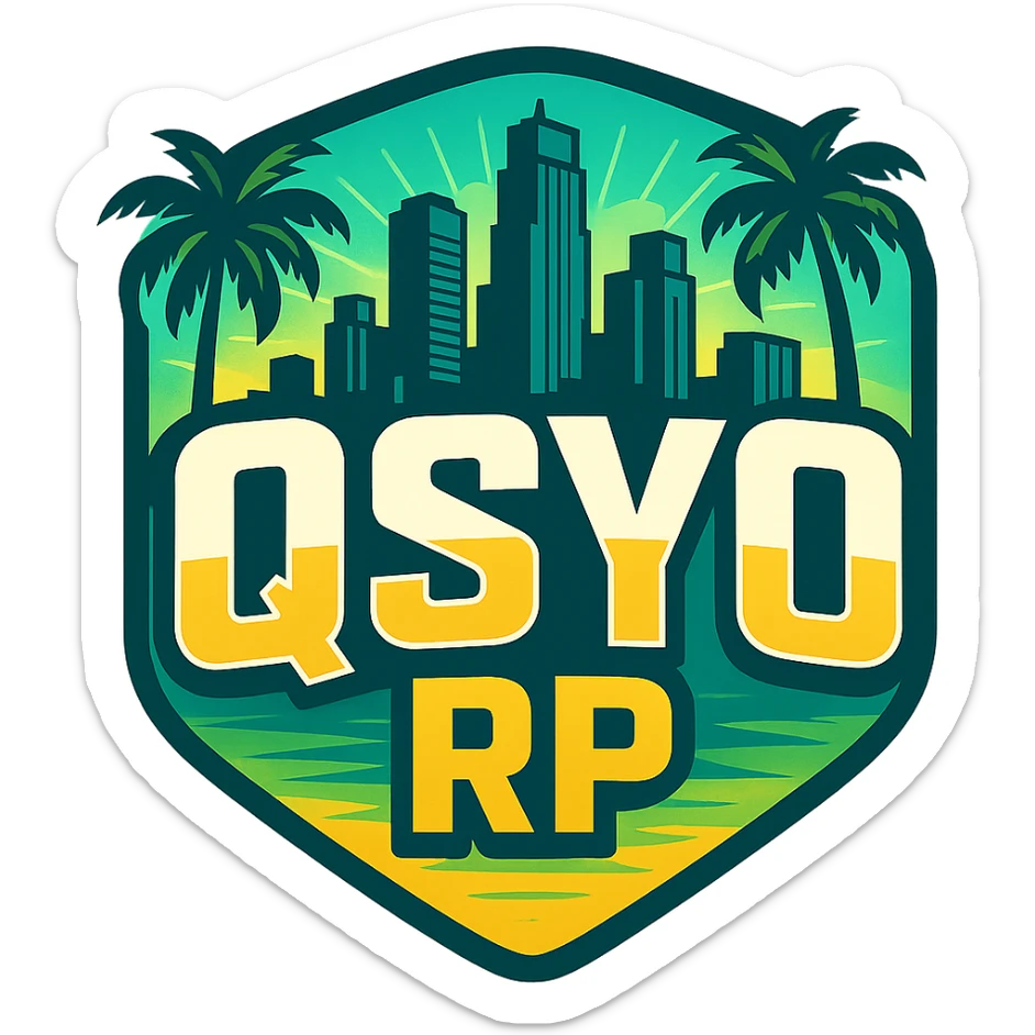 badge-style icon for GTA V roleplay with 'QSYO RP' text, using GTA V color palette, includes city skyline and palm trees, energetic and fun sticker