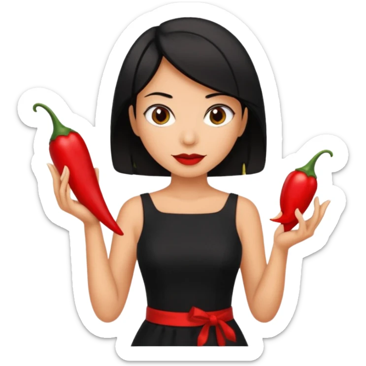black short shoulder length hair tanned woman, black dress cooking, holding chili pepper sticker