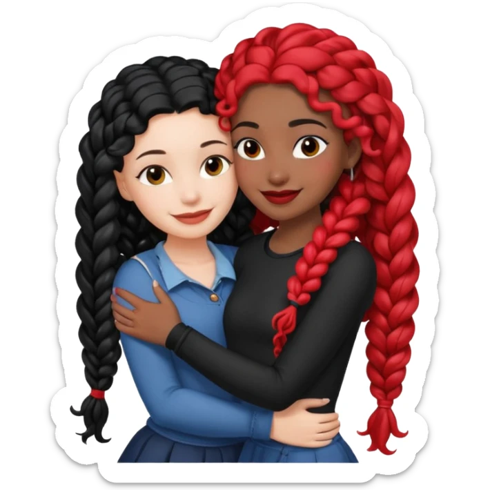 White girl long black hair hugs black girl with red French curl braids  sticker