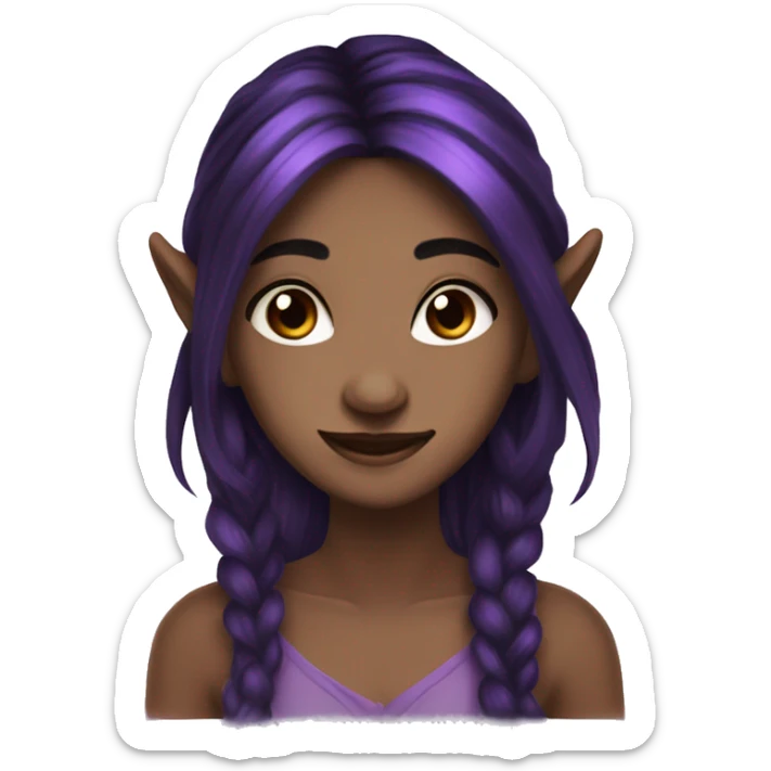 Fae with dark black hair and purple streaks, pointy ears, brown eyes, beautiful, smiling sticker