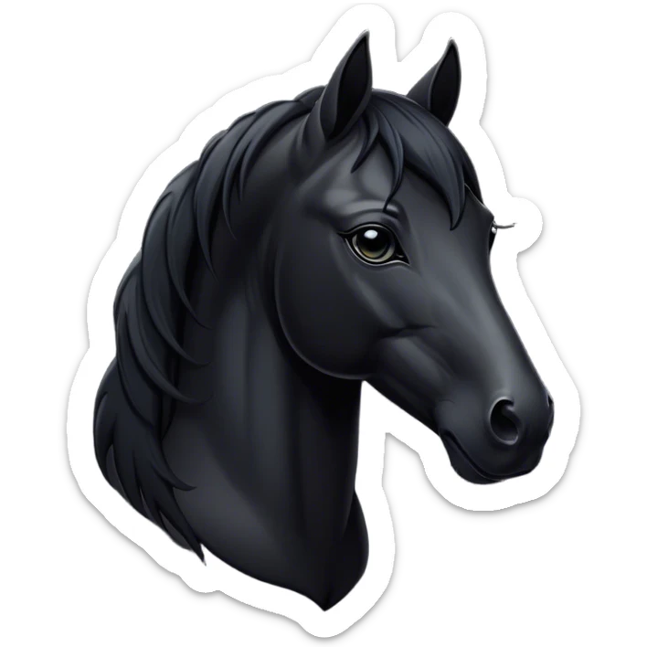 Cinematic Noble Black Horse Portrait Emoji, Poised and regal, with a strong, athletic build and a sleek, well-groomed jet-black fur, deep-set soulful dark eyes, Simplified yet sharp and sophisticated features, highly detailed, glowing with a soft, dignified glow, high shine, intelligent and commanding, stylized with an air of mysterious grace, focused and attentive, soft glowing outline, capturing the essence of a watchful and confident steed, so majestic it feels as though it could gallop out of the screen with effortless authority! sticker