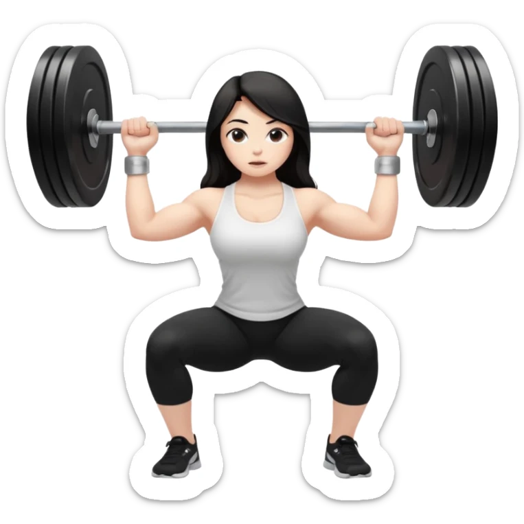Девушка белокожая, с длинными темными волосами, в одежде для йоги - черные лосины, белый топ, делает присед со штангой 100 килограмм на плечах, вид в профиль , правильные пропорции тела, только человек sticker