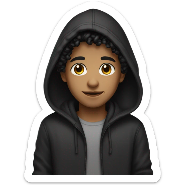 a young male with medium skin and curly black hair, wearing a black hoodie sticker