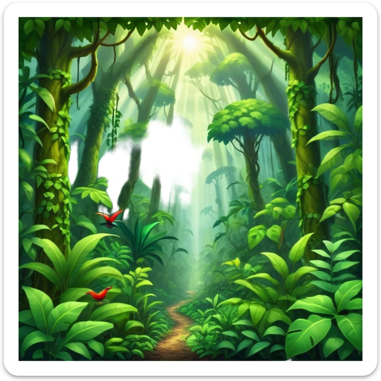 Cinematic Realistic Rainforest Emoji in a wooden frame, Lush and vibrant, filled with towering trees, thick vines, and dense green foliage, sunlight filtering through the canopy above, creating dappled patches of light on the rich, diverse undergrowth. The air is heavy with moisture, with mist rising from the forest floor and distant calls of exotic birds and animals echoing through the trees. Soft glowing outline, capturing the essence of a thriving, untamed tropical paradise filled with life! sticker
