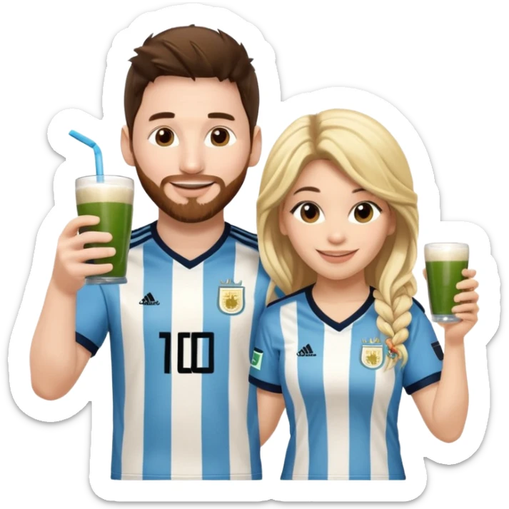 Messi in Argentina jersey and Shakira in a stage outfit, toasting with yerba mate, both smiling, cute and fun emoji style sticker
