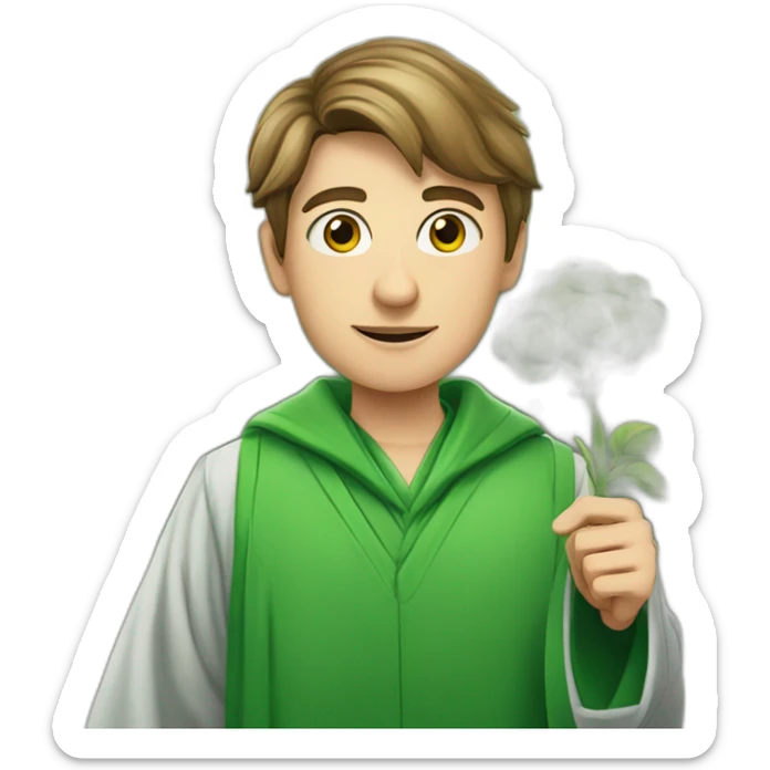 a European-looking student in a green robe with a sprout of green in his hands sticker