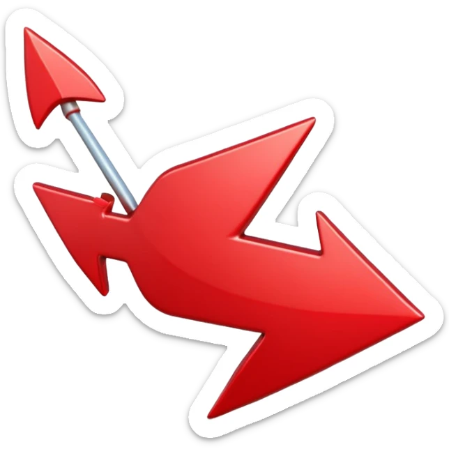 3D Apple style emoji of a pointed arrow, sleek and shiny, vibrant colors, floating on white background, soft shadows, high detail, playful and cute. sticker