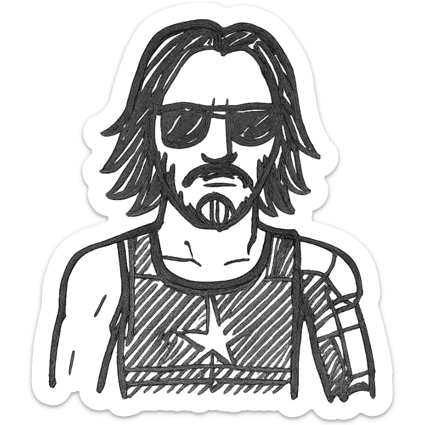 Johnny Silverhand, cyberpunk rockstar with a robotic arm, sunglasses, and a rebellious attitude, hand-drawn black outline style sticker
