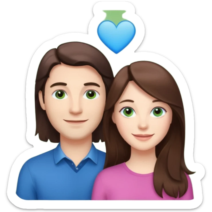 “A pink Polaroid-style photo of a couple: a white woman with long brunette hair and blue eyes, and a white man with short brunette hair and green eyes.” sticker