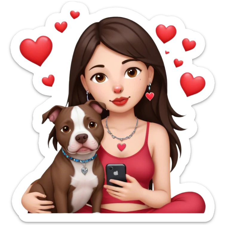 Young girl was long, dark brown hair sits with her dog who is a pretty girl pitbull with her cell phone in her hand in a small septum ring in her nose was hearts flying all around her sticker