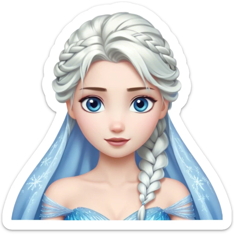 Cinematic Stunning Elsa Portrait Emoji, Ice-blue gown shimmering, platinum hair flowing in a graceful braid, piercing blue eyes glowing with icy magic, an aura of regal power and breathtaking beauty, frozen elegance at its finest! sticker