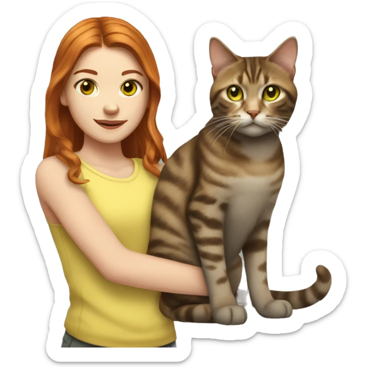 red haired girl with green eyes holding a brown and gray tabby cat with yellow eyes sticker