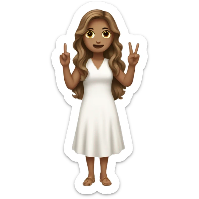 Brown long hair white girl holding up peace sign white dress sticker