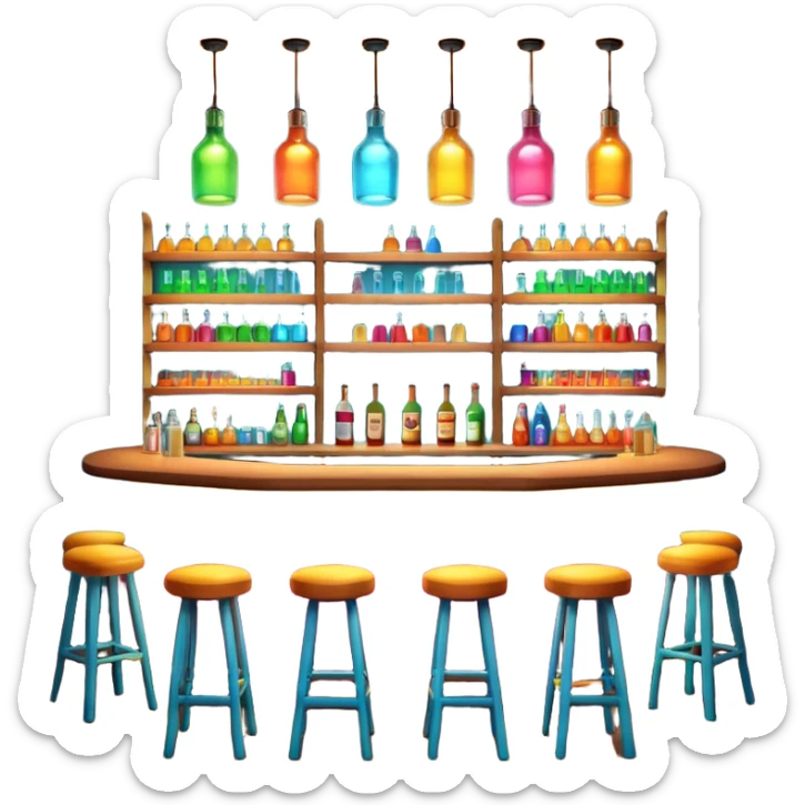 A 3D cartoon bar interior with a counter, glowing shelves of colorful bottles, tall stools, and hanging lights, warm ambient lighting, realistic reflections, Memoji-style. sticker