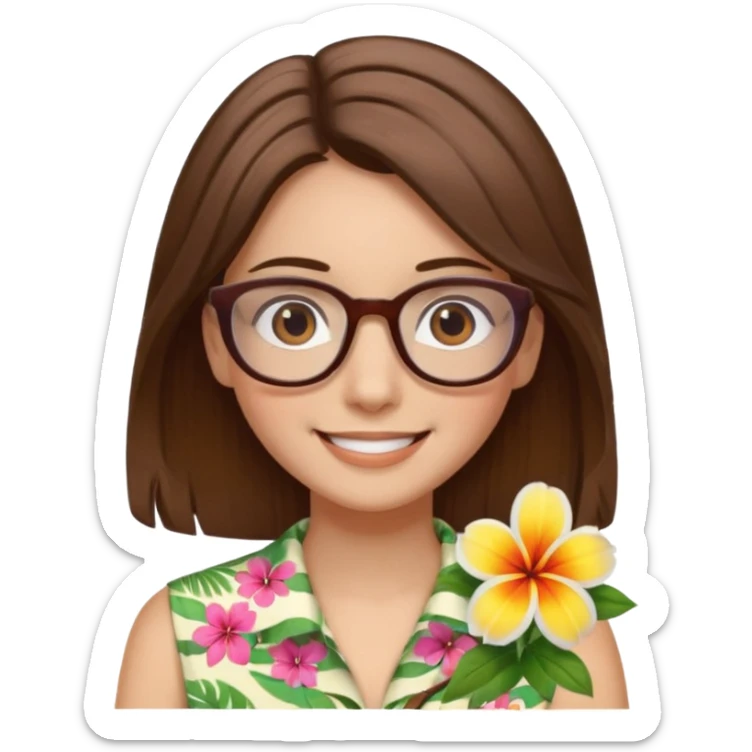 Hawaii female with fair skin. Shoulder length straight brown hair. Brown eyes with glasses. Hawaiian Flower in hair sticker