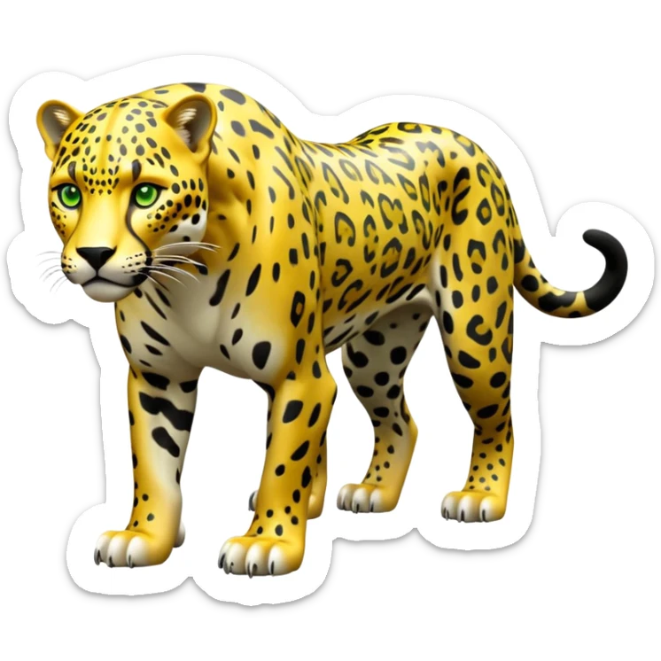 cinematic-jaguar-realistic-full-body-standing on all fours-emoji,-sleek-powerful-frame-poised-for-action,-yellow-fur-adorned-with-bold-black-rosettes,-head-tilted-dramatically,-piercing-green-eyes-locked-onto-its-prey,-simplified-yet-realistic-focused-features,-highly-detailed,-glowing-with-an-almost-sarcastic-glow sticker