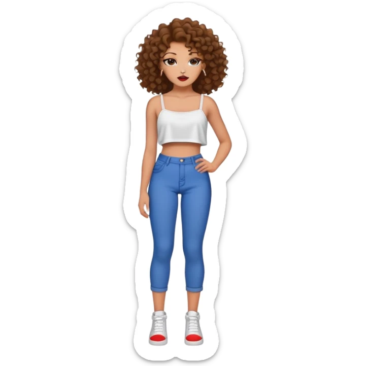 Full body teenage girl with curly brown hair, heavy makeup, big lips, crop top and choni style clothing sticker