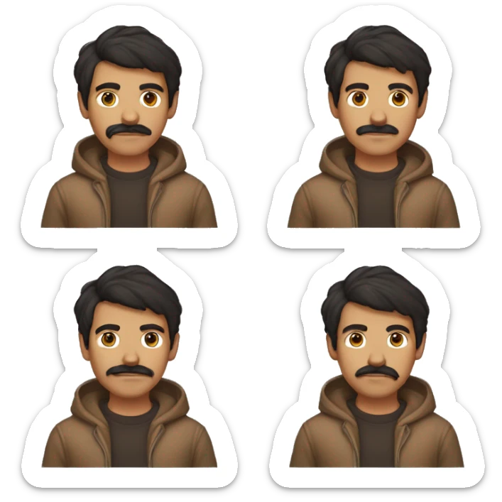 A 27-year-old wheat-skinned boy with dark hair and mustache with brown hoodie sticker