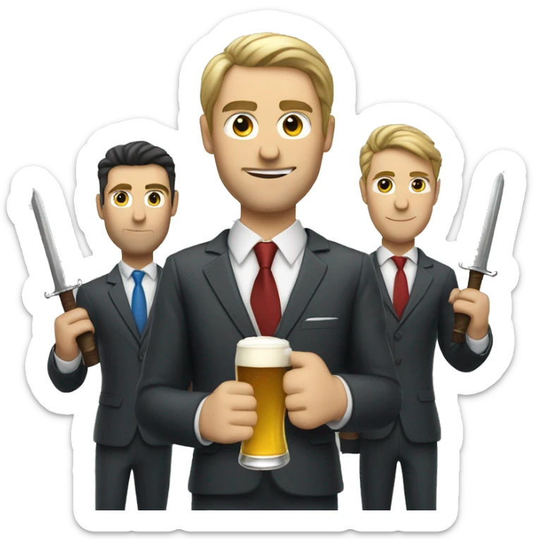 Three Caucasian men in suits with slick hair holding a beer and a sword sticker