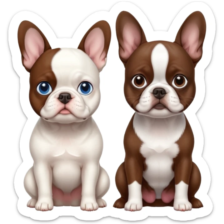All pure White French bulldog with blue eyes sitting next to brown Boston terrier sticker