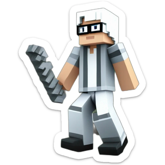 A minecraft character with white skin, white hair, thug life glasses, pale gray striped shirt, gray white pants and black shoes is digging a mountain in minecraft, the game land. sticker