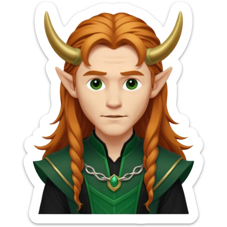 Loki, Mischief God from Norse Mythology with long reddish blonde hair, dark green and black outfit sticker