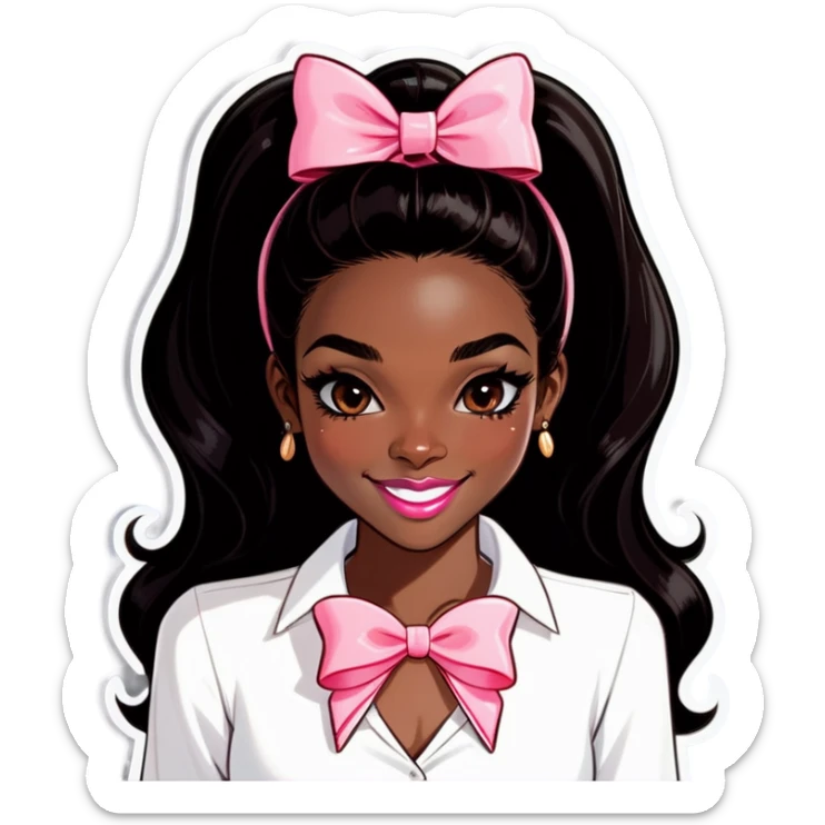 Darkskin girl with brown lip liner and light pink lips long black hair white shirt coquette bow in the front of her hair facing forward smiling good jewelry  sticker