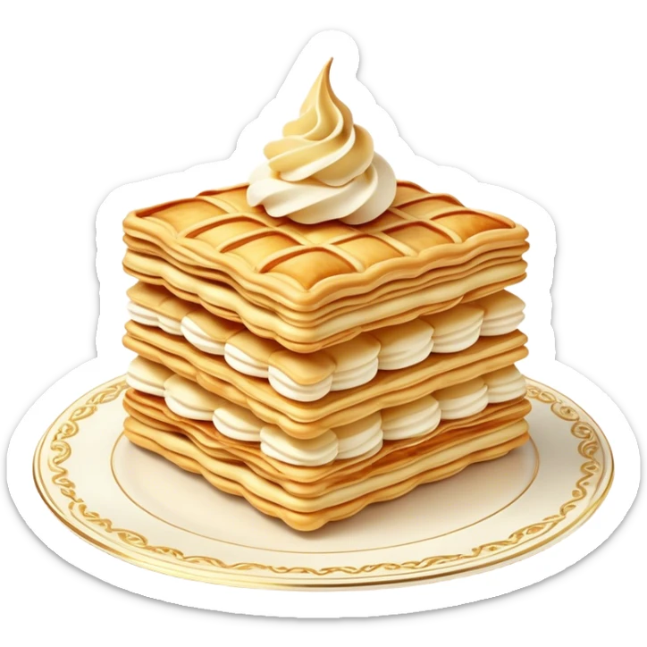 Mille-feuille Cinematic Realistic Mille-Feuille Dessert Emoji, depicted as a delicate pastry composed of two crisp layers of puff pastry with a rich cream filling, rendered with intricate textures and elegant, soft lighting. sticker