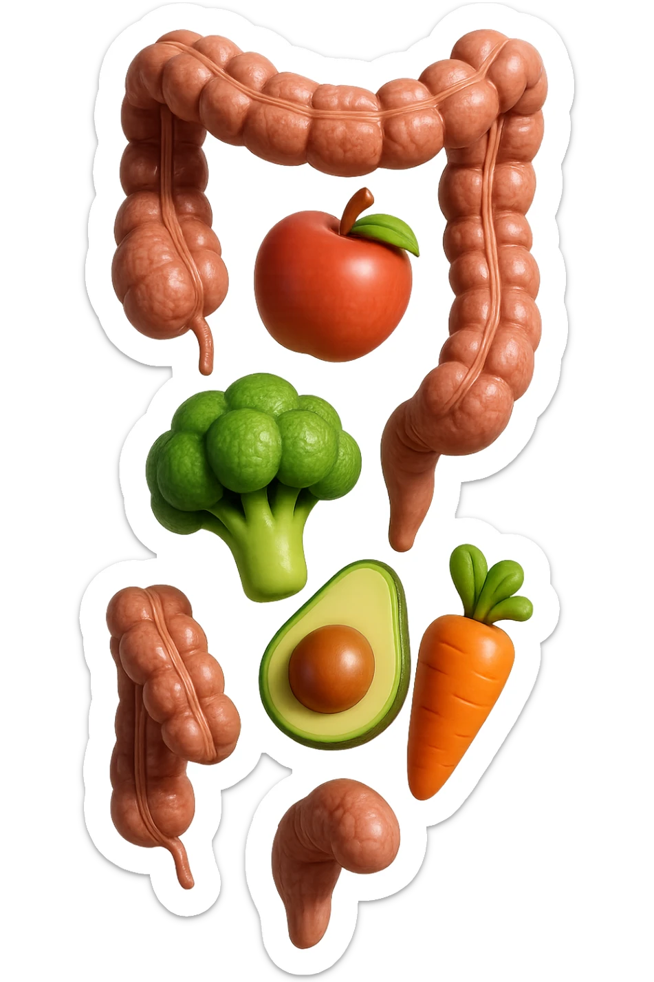 emoji stile iphone in 3d di cibo sano che fluttua in aria vericalmente insieme a pezzi di colon umano anatomico, iperrealistico 4k sticker
