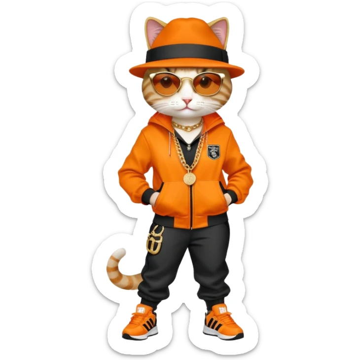 female cat wearing Run DMC hip-hop outfit with tracksuit, fedora, Adidas sneakers, dark sunglasses, many gold chains, upright pose sticker