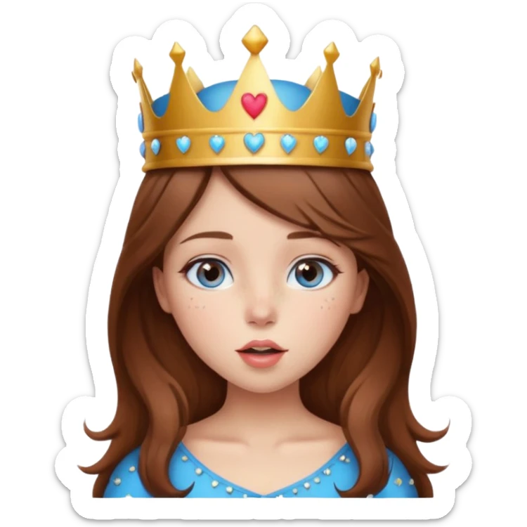 a girl with brown hair, blue eyes and freckles, who wears a crown and is blowing a heart kiss  sticker