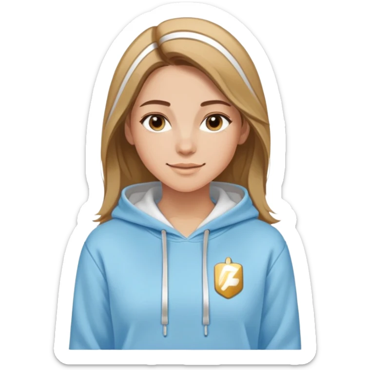 Woman with predominantly brown hair with blonde highlights, straight with side part, serene smile, dreamy eyes, wearing a light blue fantasy-sporty hoodie with golden and white details sticker