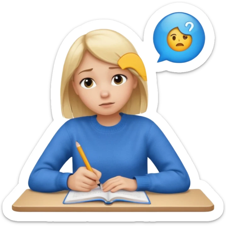 blonde girl in a blue sweater with a tired look studies lessons emoji ios 18.1 sticker