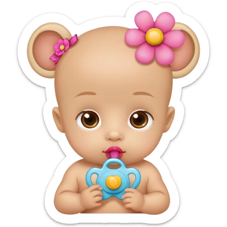 Light skin baby with big brown eyes with pacifier in mouth with flower bow sticker
