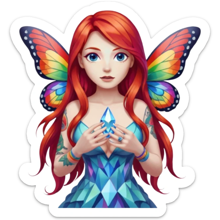 woman-long-red-hair-blue-eyes-white-skin-tattoos-big-breast-wearing-rainbow-crystal-shard-dress,-moths-orbiting,-flirty-contrapposto-pose sticker