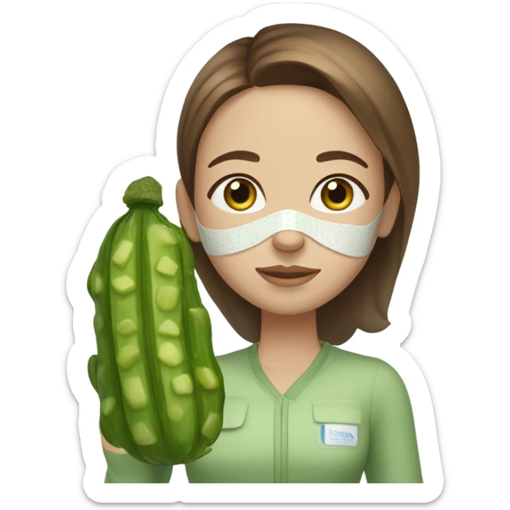 Girl with freackles Brown hair and white skin blue eyes wears skin care mask Thats Green and on top of that pickle on her closed eyes sticker