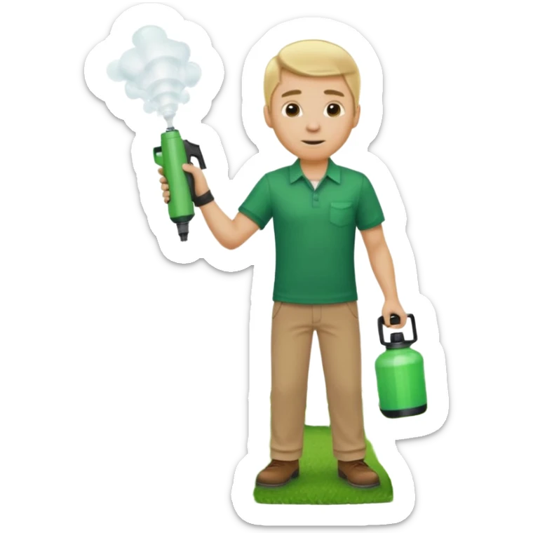 man blonde hair and no hat with a emerald green shirt and tan pants on carrying chemical sprayer and pointing it downwards to spray at bright green grass sticker